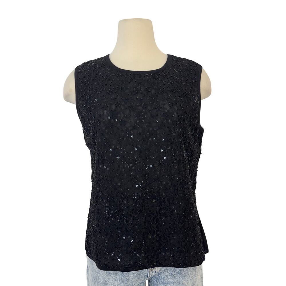 Talbots Sequin Beaded Sleeveless Top Blouse Black L NWT